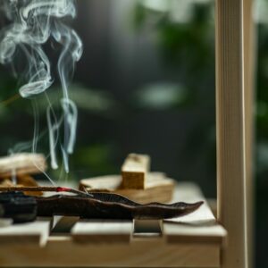 magical smoke from a burning incense stick on an incense stand on a wooden shelf in the interior