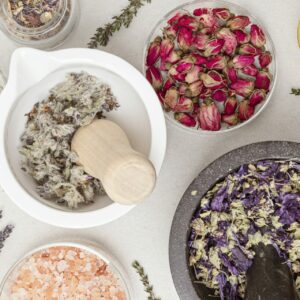 Preparation of homemade cosmetics and aroma bath salt. Eco friendly diy beauty products