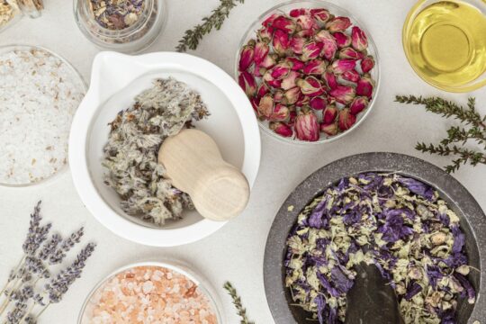 Preparation of homemade cosmetics and aroma bath salt. Eco friendly diy beauty products
